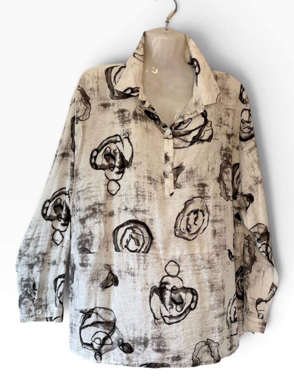 Alison Sheri Abstract Print Shirt Resort Chic Tencel Popover Collared Womens L